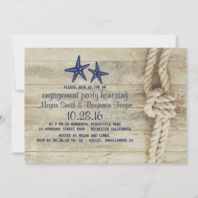 Beach Driftwood Nautic Navy Engagement Party Einladung (Vorderseite)