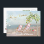 Beach Flamingo Frohe Weihnachtsbudget Postcard Postkarte<br><div class="desc">Frohe Weihnachten an diesem schönen Watercolor Beach - friedliche und sanfte Szene mit zwei Liegestühlen - freundlicher Flamingo mit schönem Kranz - Palm mit ein paar Ornamenten. Auch in verschiedenen Papiergewichten erhältlich - Ihre Auswahl.</div>