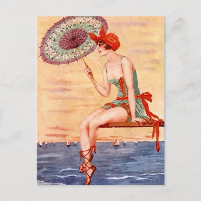 Beach Flapper Girl Postcard Swim Umbrella Postkarte (Vorderseite)