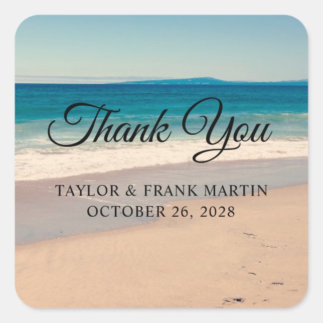 Beach Foto Wedding Vielen Dank Quadratischer Aufkleber (Vorderseite)