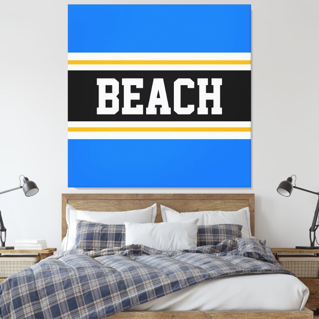 BEACH Fun Bright Blue Schwarz-weiß Gelbe Streifen Leinwanddruck (Insitu (Schlafzimmer))