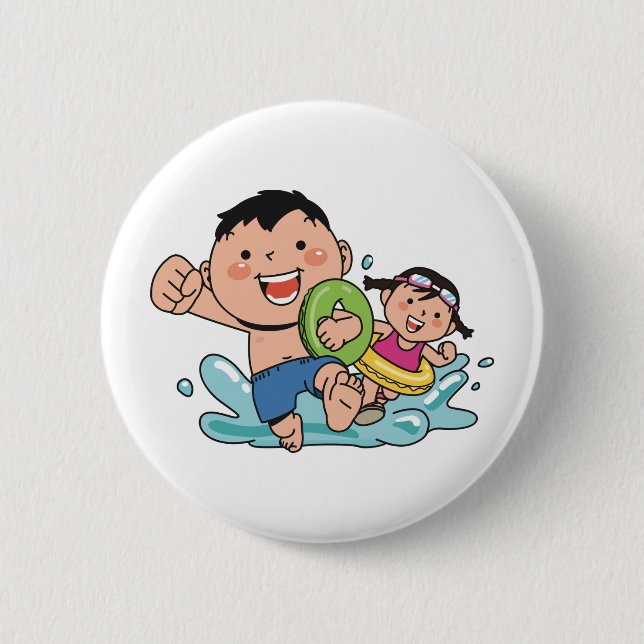 Beach Fun, Junge und Mädchen schwimmen am Strand, Button (Vorderseite)