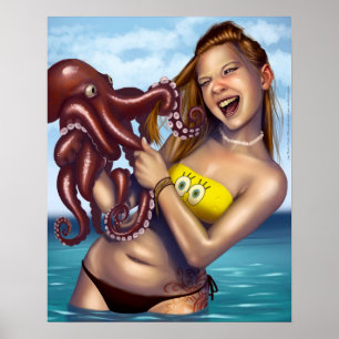 Beach Girl vs Octopus Poster