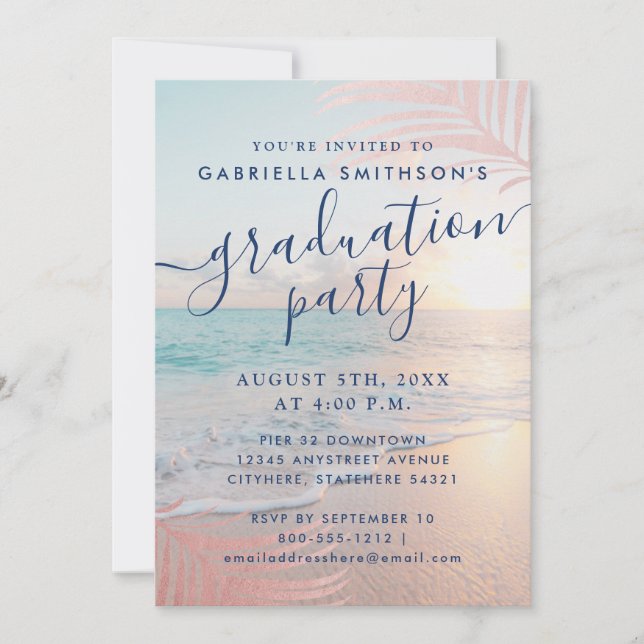Beach Graduation Party Tropical Pink Palm Leaf Einladung (Vorderseite)