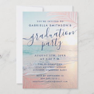 Beach Graduation Party Tropical Pink Palm Leaf Einladung