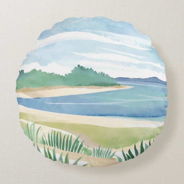 Beach Grass Bay | Watercolor Ocean Coastal Sea Rundes Kissen (Vorderseite)