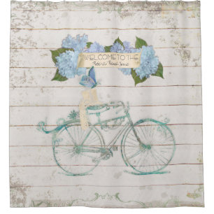 Beach Guest House Shiplap Wood Hydrangea Fahrrad Duschvorhang