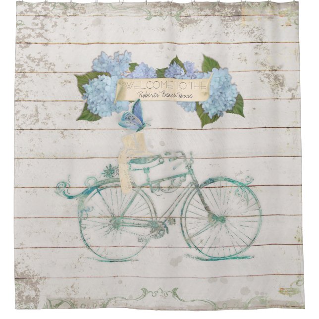 Beach Guest House Shiplap Wood Hydrangea Fahrrad Duschvorhang (Vorderseite)