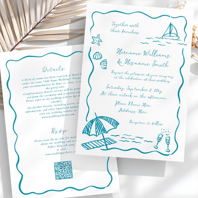 Beach Hand Drawn QR UAWG All-in-One Hochzeit Einladung (Von Creator hochgeladen)