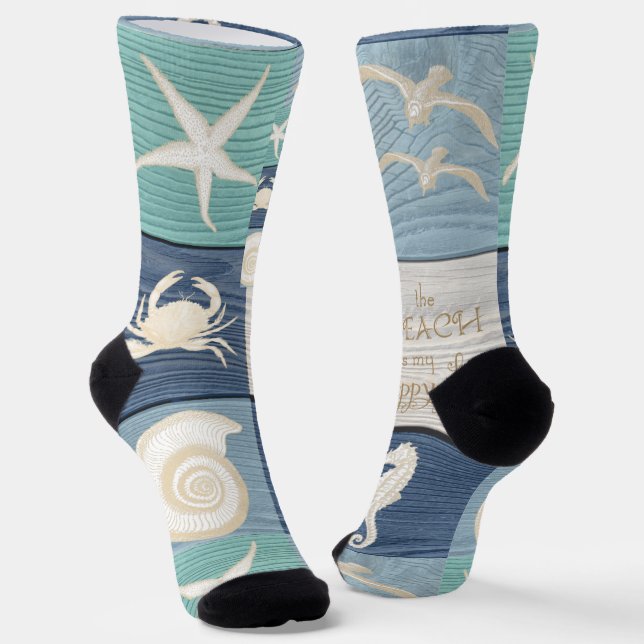 Beach Happy Place Blue Aqua Altes Holz Meer Socken (Gewinkelt)