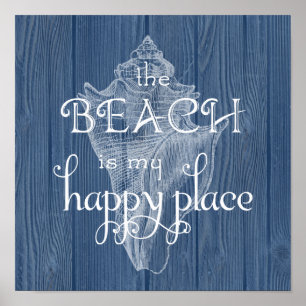 Beach Happy Place Seashell Blue Wood Poster