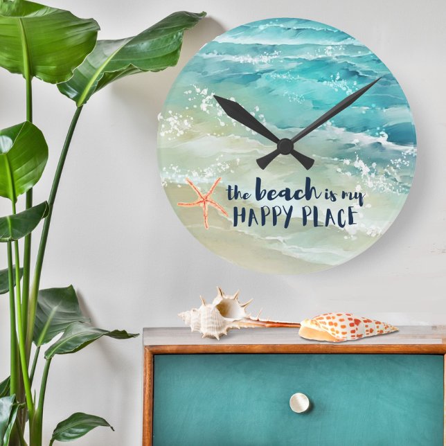 Beach Happy Place Watercolor Ocean Waves Küste Runde Wanduhr (Von Creator hochgeladen)