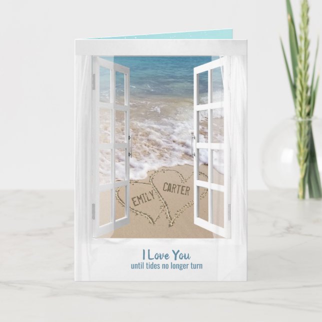 Beach Hearts in Window for Newlyweds Karte (Vorderseite)