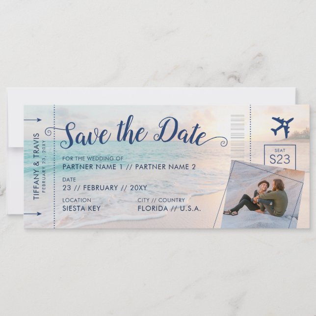 Beach Hochzeit in Urlaubsort Boarding Pass Foto Save The Date (Vorderseite)