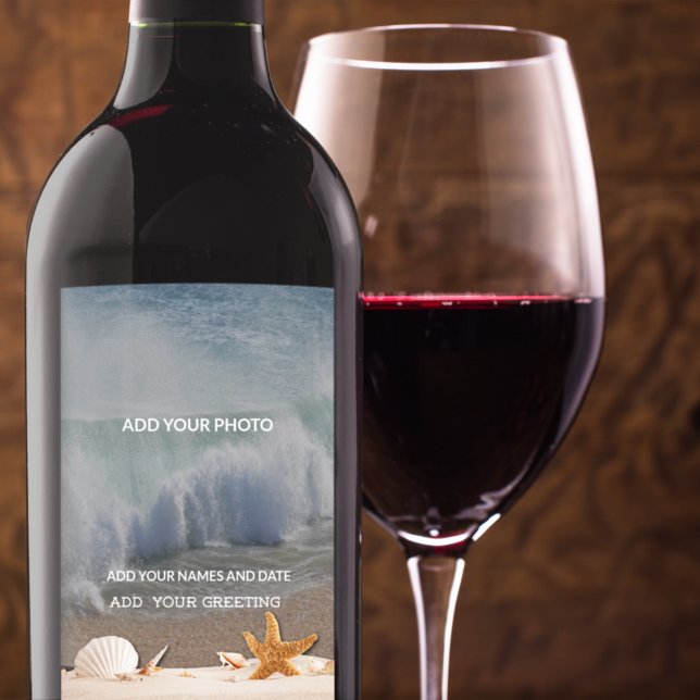 Beach Hochzeit in Urlaubsort Seashells Tropisches  Weinetikett (Von Creator hochgeladen)