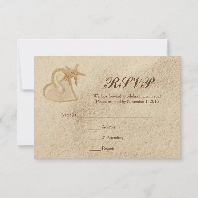 Beach Hochzeit in Urlaubsort UAWG Sand & Herz RSVP Karte (Vorderseite)