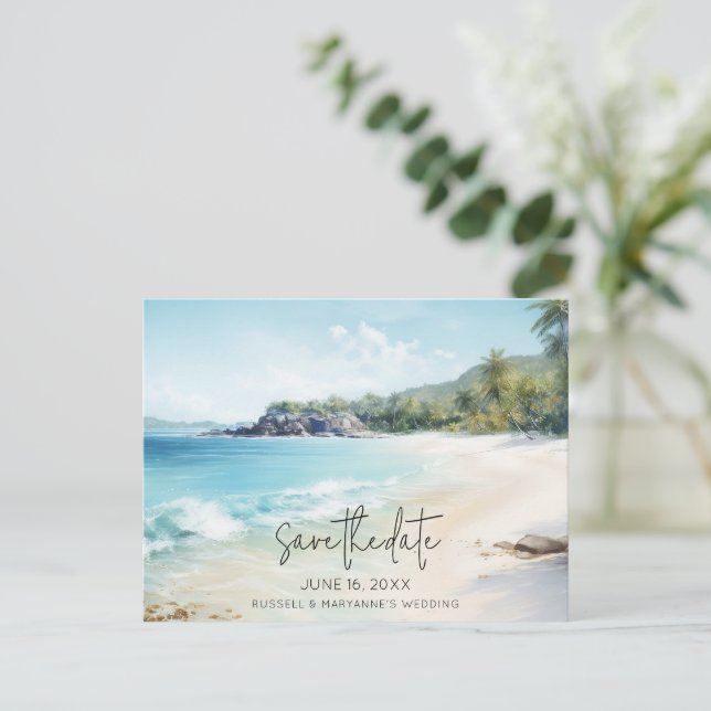 Beach Hochzeitbudget Save the Date Ankündigungspostkarte (Stehend Vorderseite)