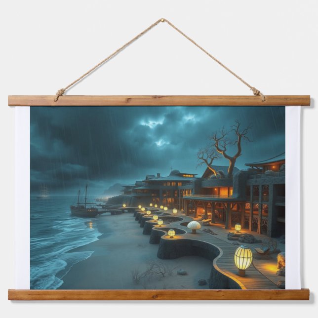 Beach Hotel Stormy Skies Wandteppich Mit Holzrahmen (Vorne)