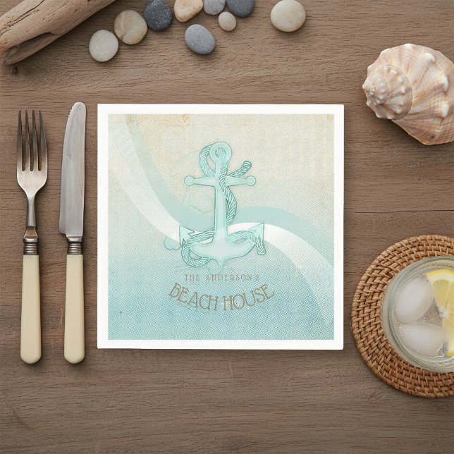Beach House Anchor Silhouette Aqua Blue ID623 Serviette (Von Creator hochgeladen)