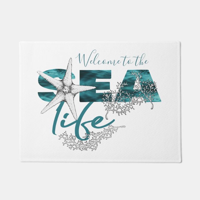 Beach House Aqua Blue Sea Life Typografy Willkomme Fußmatte (Vorderseite)