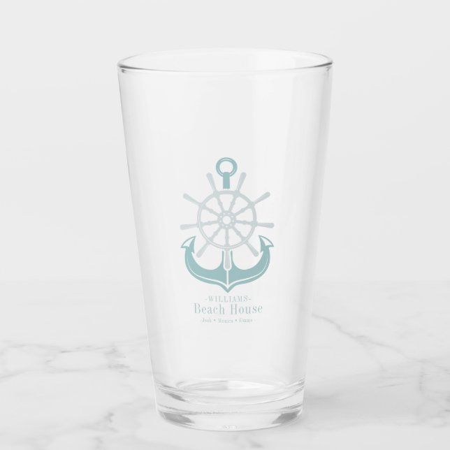 Beach House Aquamarin Familienname Anchor Glas (Vorderseite)