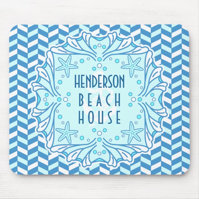 Beach House Art Deco Muschel und Herringbone Custo Mousepad (Vorne)