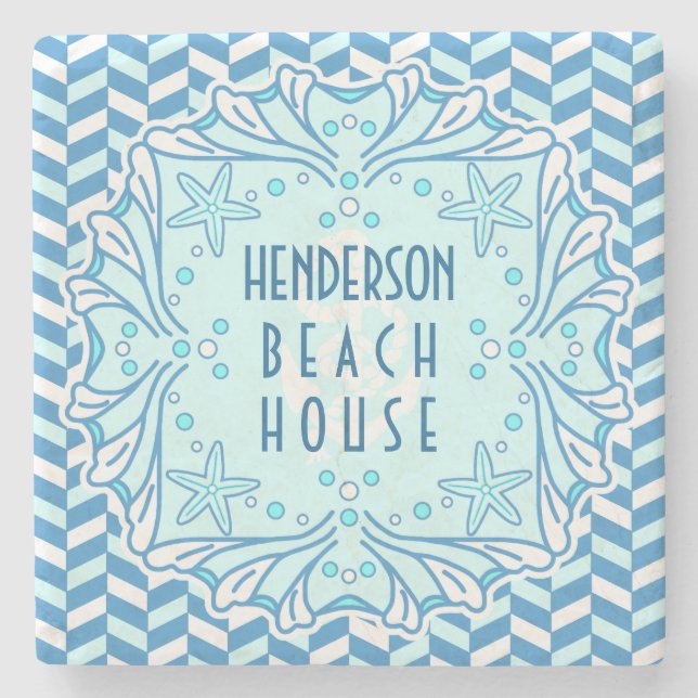 Beach House Art Deco Muschel und Herringbone Custo Steinuntersetzer (Vorderseite)