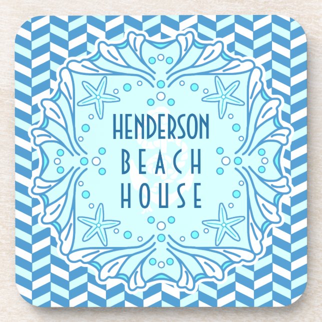 Beach House Art Deco Muschel und Herringbone Custo Untersetzer (Vorderseite)