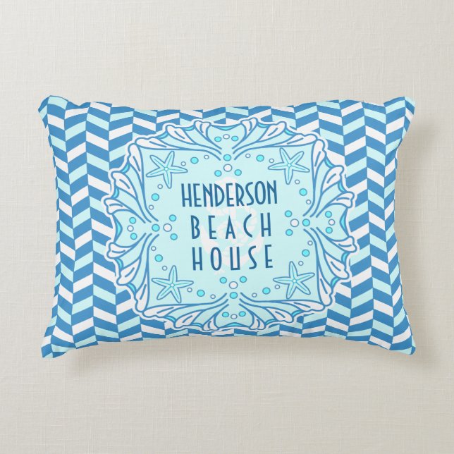 Beach House Art Deco Muschel und Herringbone Custo Zierkissen (Vorderseite)