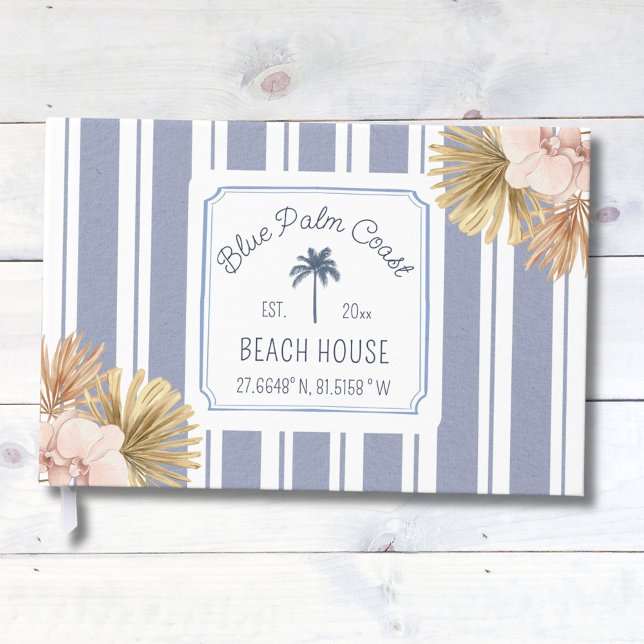 Beach House Blue Stripes Coastal Boho Bauernhof Gästebuch (Close up)