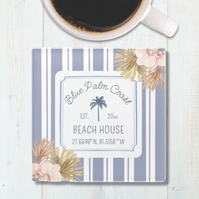 Beach House Blue Stripes Coastal Boho Bauernhof Glasuntersetzer (In situ)