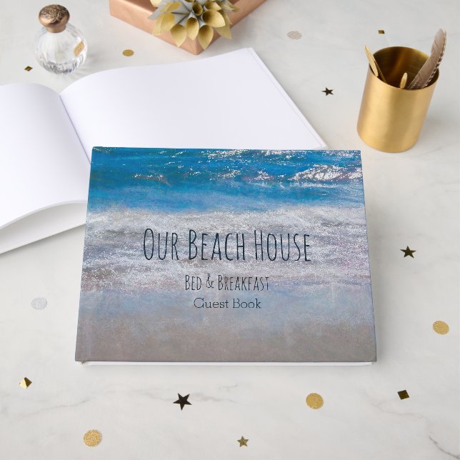Beach House Blue White Coastal Ocean Gästebuch (Vorderseite Offen)