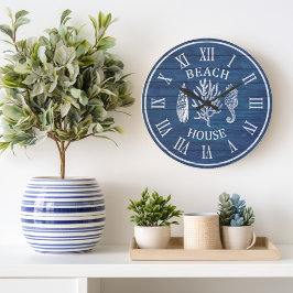 Beach House Blue Wood Coral Seepferd Große Uhr