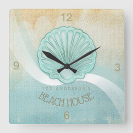 Beach House Clam Muschel Aqua Blue ID623 Quadratische Wanduhr