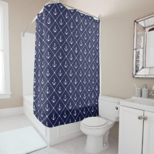 Beach House Coastal Navy Blue Nautical Anchors Duschvorhang