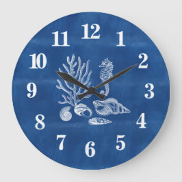 Beach House Coral Seepferd Ocean Blue Large Clock Große Wanduhr