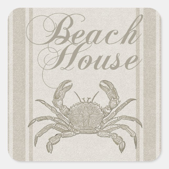 Beach House Crab Küste Vintag Quadratischer Aufkleber (Vorderseite)