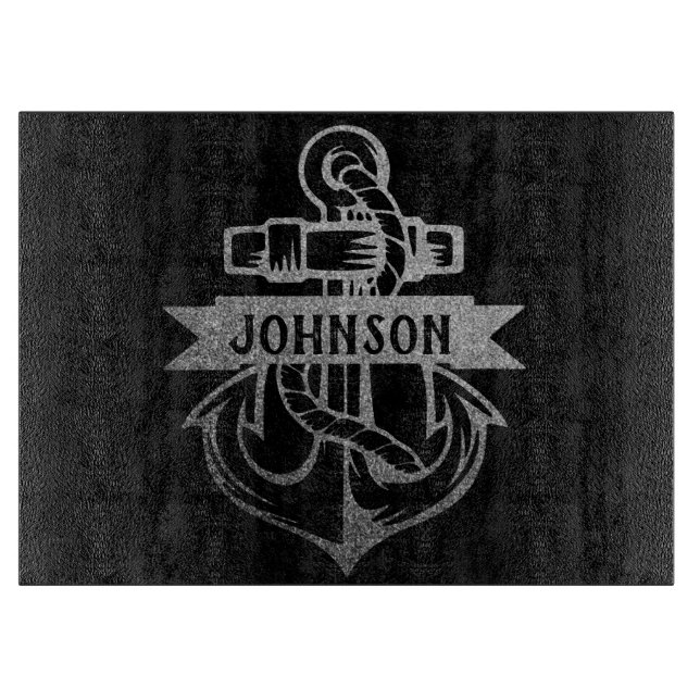 Beach House Cutting Board mit Silver Anchor Name Schneidebrett (Vorderseite)