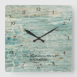 Beach House Driftwood Aquamarin Blue Coastore Quadratische Wanduhr