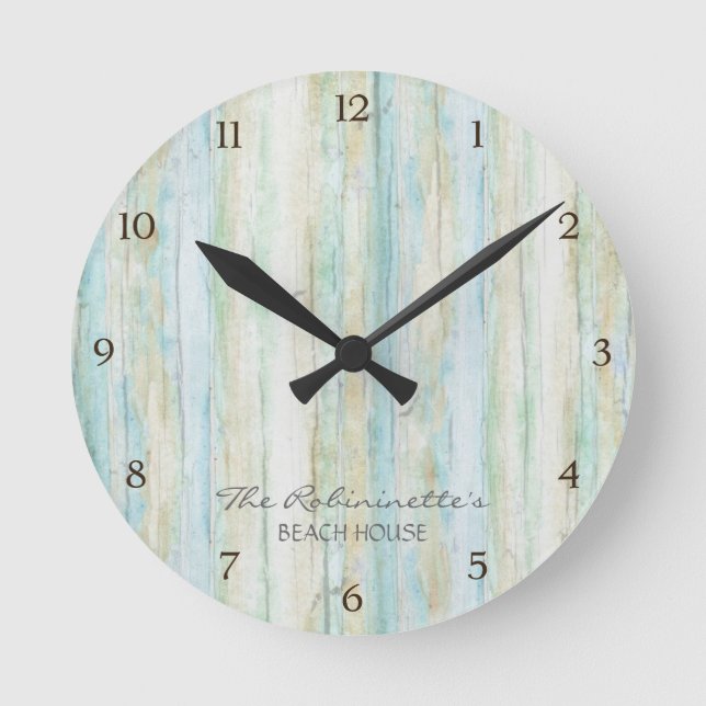 Beach House Driftwood Ocean Coastore Seashore Runde Wanduhr (Vorderseite)