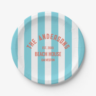 Beach House Familienname Blue Cabana Stripe Pappteller