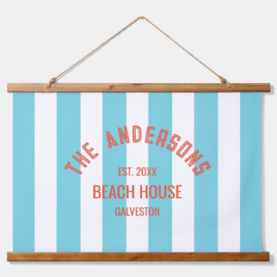Beach House Familienname Blue Cabana Stripe Wandteppich Mit Holzrahmen