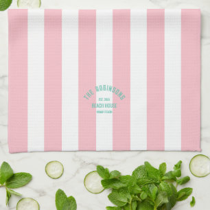 Beach House Familienname Pink Cabana Strip Geschirrtuch