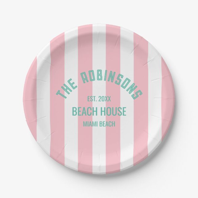 Beach House Familienname Pink Cabana Strip Pappteller (Vorderseite)