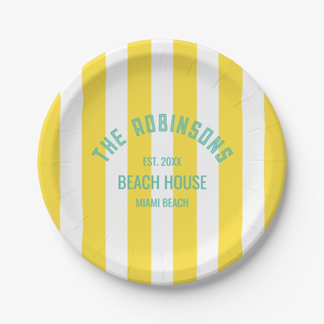 Beach House Familienname Yellow Cabana Strip Pappteller (Vorderseite)