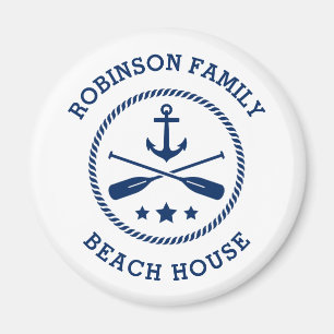 Beach House & Family Name Anchor Oars Stars Runde Magnet