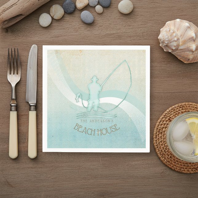 Beach House Fisherman Silhouette Aqua Blue ID623 Serviette (Von Creator hochgeladen)
