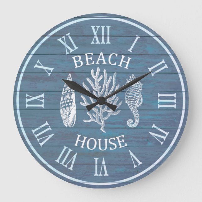 Beach House Gray Blue Wood Corod Seepferd Large Cl Große Wanduhr (Vorderseite)