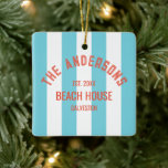 Beach House Individuelle Name Blue Cabana Stripe Keramikornament<br><div class="desc">Feiern Sie die Urlaubssaison mit einer Touch von Küsten-Charme durch unseren Beach House Individuelle Name Blue Cabana Stripe Keramik Weihnachtsgeschmack. Dieses wunderschön gestaltete Dekor verbindet die Wärme des Strandlebens mit festlichem Beifall und macht es zum perfekten Sake für Ihr Strandhaus oder zu einem personalisierten Geschenk für Liebende. Passen Sie mit...</div>