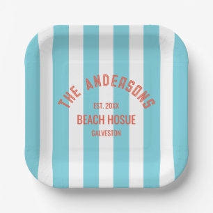 Beach House Individuelle Name Blue Cabana Stripe Pappteller